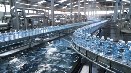 Bottled water processing factory assembly line with industrial machinery