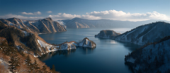A serene landscape of Lake Hibara with foggy air and snow-covered islets, framed by forested hills and mountain peaks. 