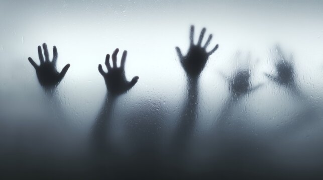 Shadowy hands pressed against a foggy glass surface in a dark mysterious setting, concept for horror genre visuals, psychological thriller promotion, and themes of isolation and fear