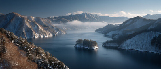 A serene landscape of Lake Hibara with foggy air and snow-covered islets, framed by forested hills and mountain peaks. 
