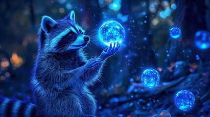 playful raccoon juggling glowing orbs at night