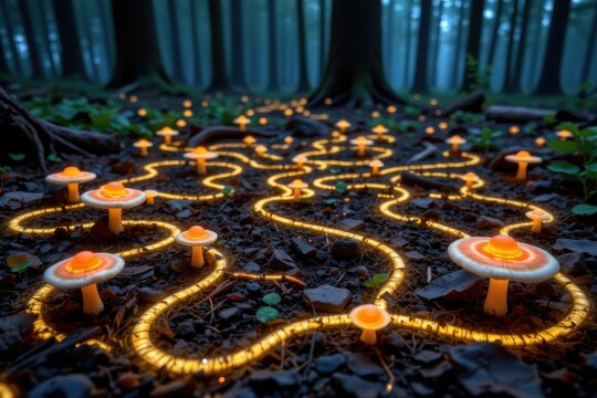 glowing mushrooms form patterns across the forest floor, said to be a map of magical ley lines that power hidden forest shrines