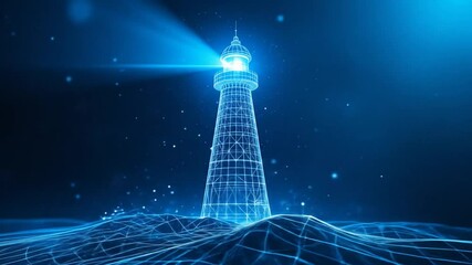 A digital transformation concept and vision of the future featuring an abstract wireframe lighthouse in a blue cyberspace, symbolizing guidance and innovation in the digital age. 4k video