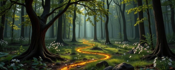 this enchanted forest has no wind, yet trees move on their own, glowing patterns forming underfoot, tracing a map known only to magic