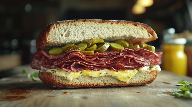 New York pastrami, gherkins and sourdough bread deli sandwich - Powered by Adobe