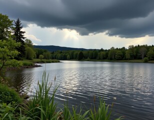 an eerie stillness falls over a lake, birds vanish, fish dive deep, and the sky turns charcoal grayâ€”nature prepares for the storm's wrath