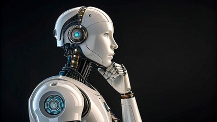 Futuristic humanoid robot in profile view thinking with hand on chin against dark background
