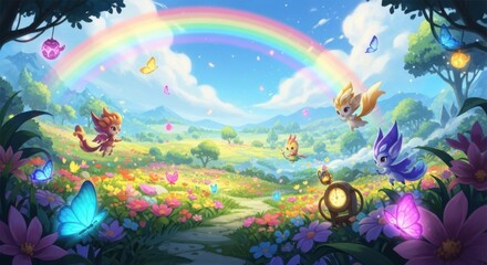 Naklejka premium Enchanting Fairy Meadow Under a Vibrant Rainbow