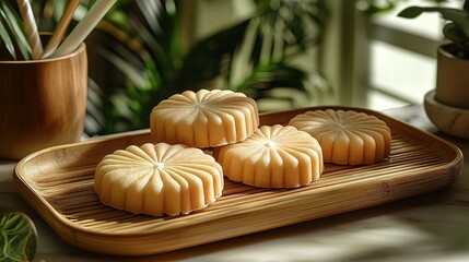 Fototapeta premium Minimalist Bamboo Shaped Serving Platter with Cream Filled Cookies and Straw Decoration