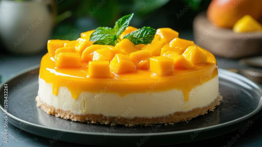 Poster a creamy slice of cheesecake topped with vibrant yellow mango slices and a sprig of mint, creating a