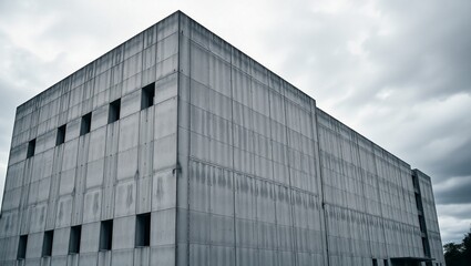 Fototapeta premium A minimalist, sleek, and modern architectural building with sharp edges, a predominant square shape, and a monochromatic color palette, set against a cloudy, moody sky. 