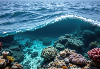 Naklejka premium coral bleaching intensifies after repeated storms, water churned into chaos, reef creatures hide or vanish, seafloor stirred and silent