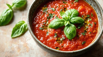 Overhead View of Fresh Basil Tomato Sauce Bowl