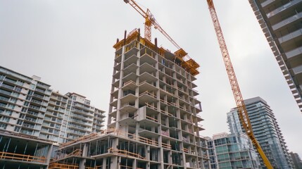 Fototapeta premium Urban transformation: New building construction with crane against city skyline