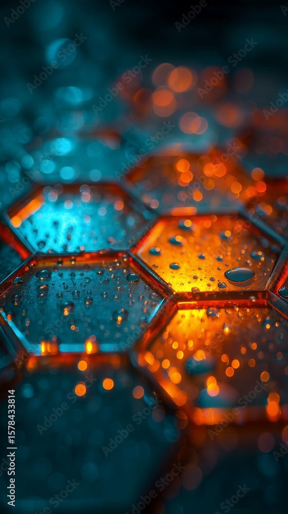 Poster hexagonal wet surface abstract pattern with vibrant dual color lighting and bokeh blur, concept for 
