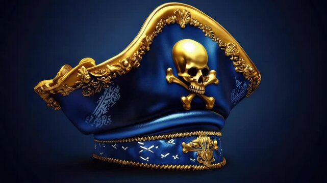 A digital artwork of a jolly roger with a skull and crossbones symbol on a golden pirate ship. The ship is set against a dark blue background, creating an atmospheric effect.
