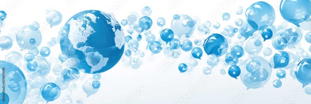 Poster floating translation bubbles surrounding a globe icon signify global communication and language inte