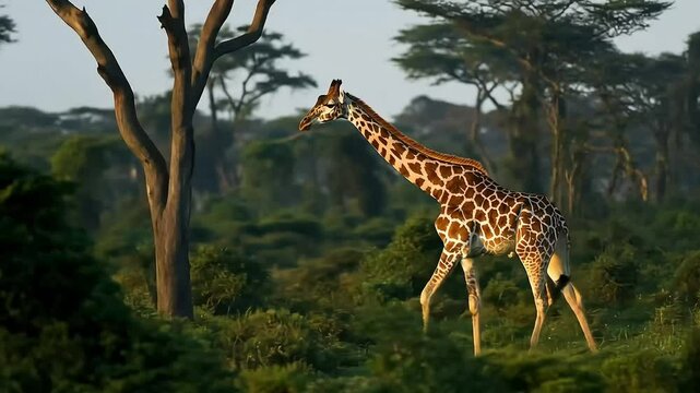 A majestic giraffe with distinctive patterns gracefully strides through the lush African wilderness.