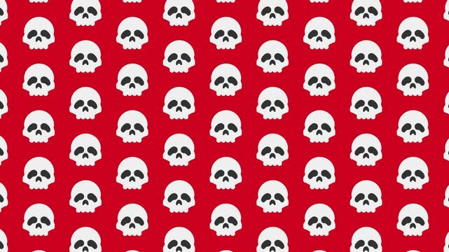 Animated seamless pattern featuring white skulls on a red background. This pattern is perfect for Halloween decorations, backgrounds, or any project that requires a spooky and fun touch