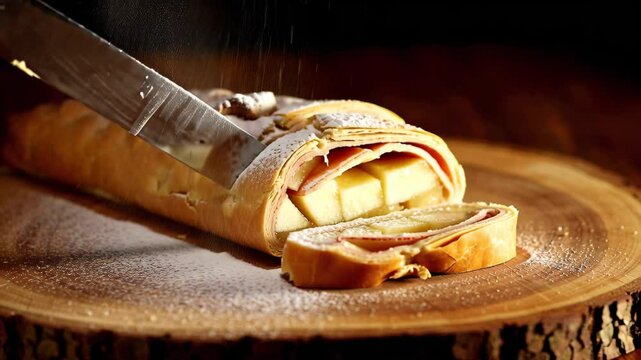 Apple strudel with golden crust sliced on wooden board, traditional homemade dessert, cozy autumn baking