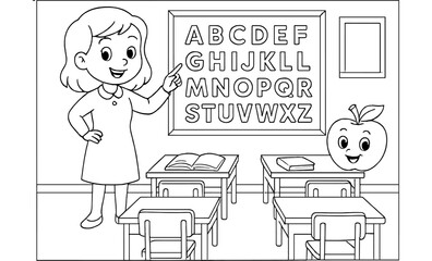 Playful classroom coloring page: teacher and alphabet fun