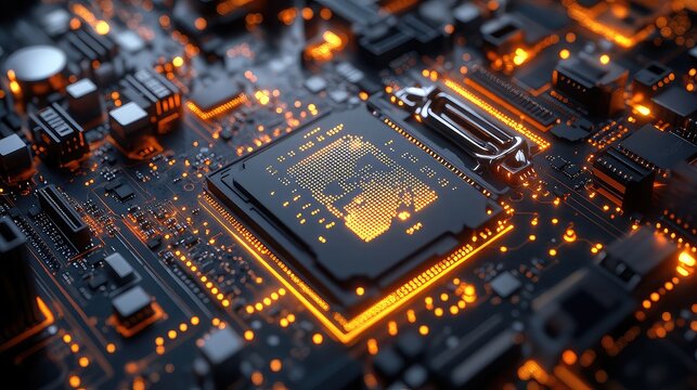 Highly detailed motherboard layout showing glowing energy lines, precision electronic paths, and intricate modern computer hardware design