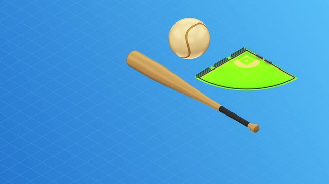A baseball bat, ball, and a baseball field are shown against a bright blue background