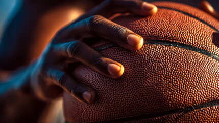 Close-up of a person's hand gripping a basketball during sunset