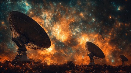 High-tech satellite dish array scanning distant galaxies in deep space with cosmic starfield background and energy signal beams for scientific exploration