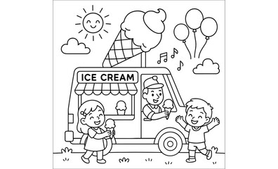 Naklejka premium Kids enjoy ice cream from a cheerful truck on a sunny day coloring page
