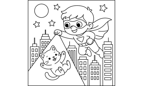 Superhero kid flying with cat over city at nightline coloring page for kids