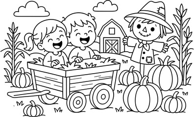 Harvest fun with kids and scarecrow in pumpkin patch coloring page
