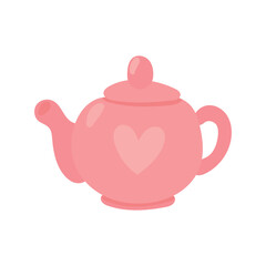 Charming pink teapot with glossy ceramic finish and heart motif, perfect for cozy kitchens, romantic breakfast settings, or pastel-themed illustrations.