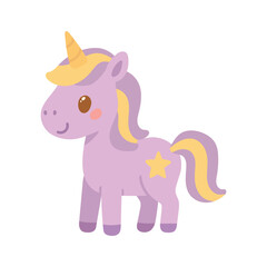Adorable purple unicorn with a yellow mane and star mark, designed for magical storybooks, fantasy themes, or charming children’s illustrations.