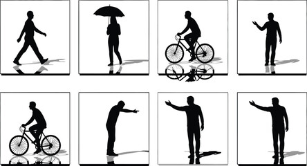 Silhouettes of people walking, cycling, and gesturing in various poses on white background