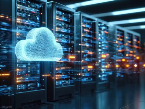 Pixelated Cloud Above Servers In Dark Room With Blue Lights