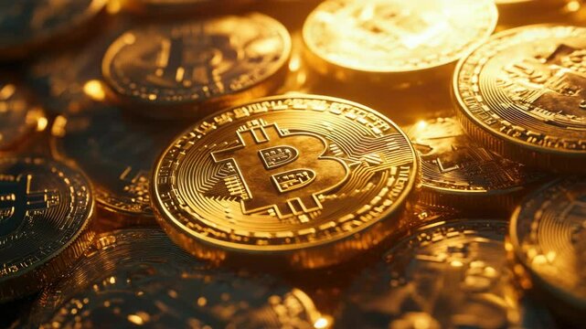 Golden bitcoin coins in a close-up pile, symbolizing riches and investment potential.