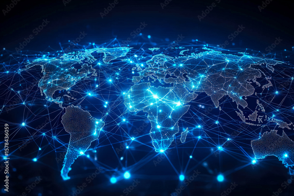 Poster global digital connectivity network with illuminated world map