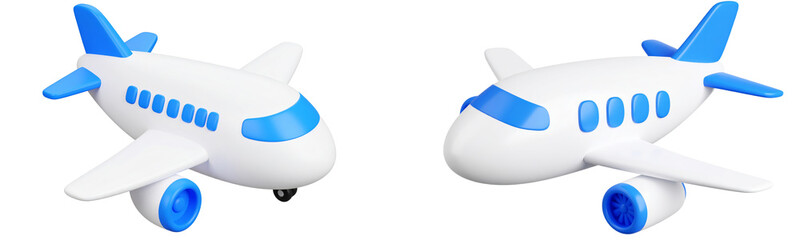 3D illustration airplane blue white cartoon isolated transport travel aviation playful cheerful children toy modern jet engine window wing nose tail fun creative minimal smooth plastic cute