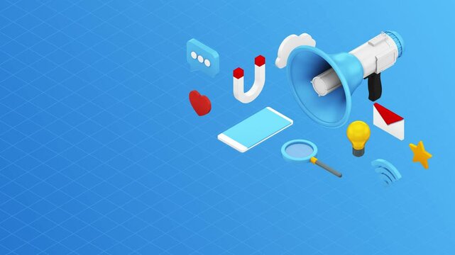 A 3D animation of a megaphone, magnet, and smartphone against a blue background. The animation shows the objects moving in a dynamic and engaging way