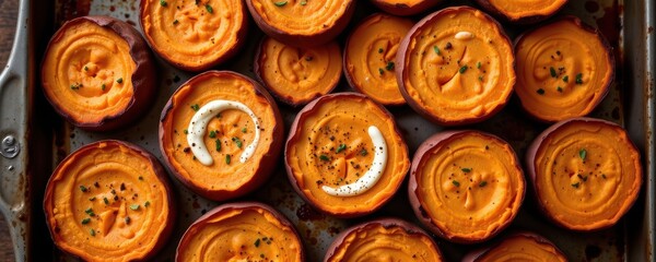sweet potato slices toasted in oven, edges browned, served with spicy aioli, perfect as a cozy winter snack