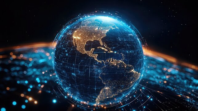 GPS satellite tracking globe featuring animated orbit lines, data pulses, location triangulation markers, and digital Earth visualization