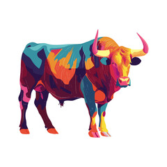 Bull standing illustration in colorful style, AI generated