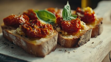 Tomato Ricotta Bruschetta with sun dried tomatoes paste, olive oil brown bread and basil in a white wooden board.
