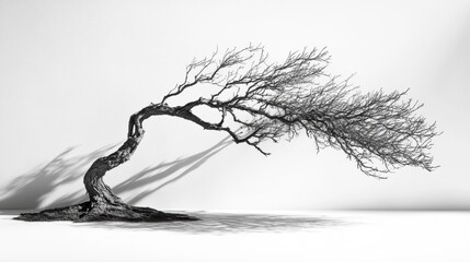 Windswept barren tree in monochrome against white background.