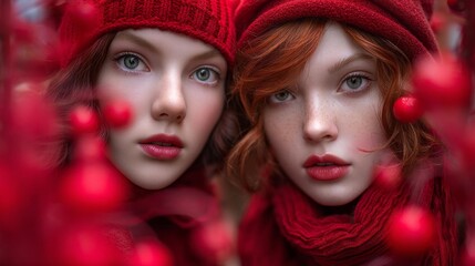 Obraz premium Two women wearing red hats and scarves are posing for a photo