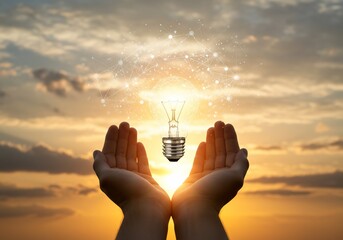 Lightbulb held in hands with network connection against a sunset sky
