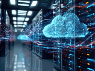 Glowing Blue Cloud Over Server Racks in Dark Data Center