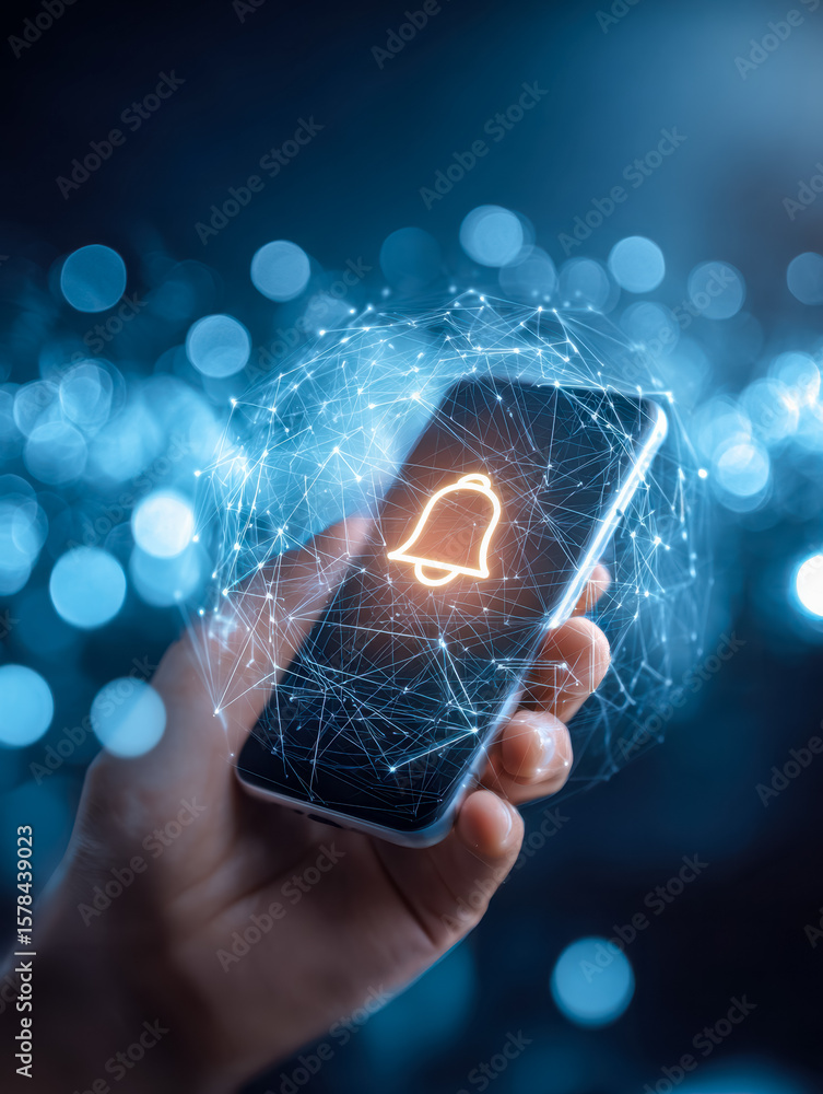 Poster digital notification alert on a smartphone with futuristic networking effects