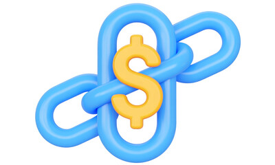 Obraz premium Blue chain link with yellow dollar sign, symbolizing financial connection, investment, business partnership, or economic link, isolated on transparency background